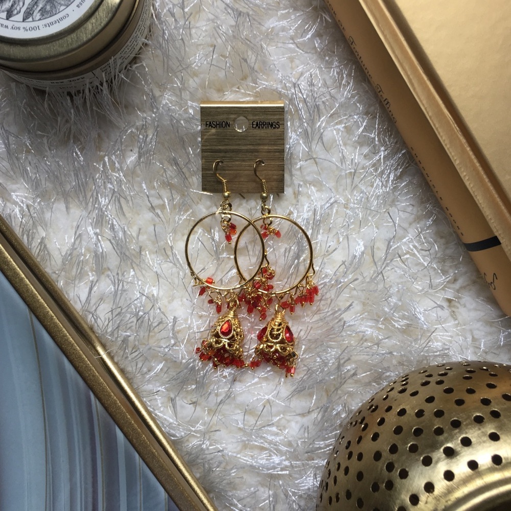 Gold & Red Indian Hoop Earrings